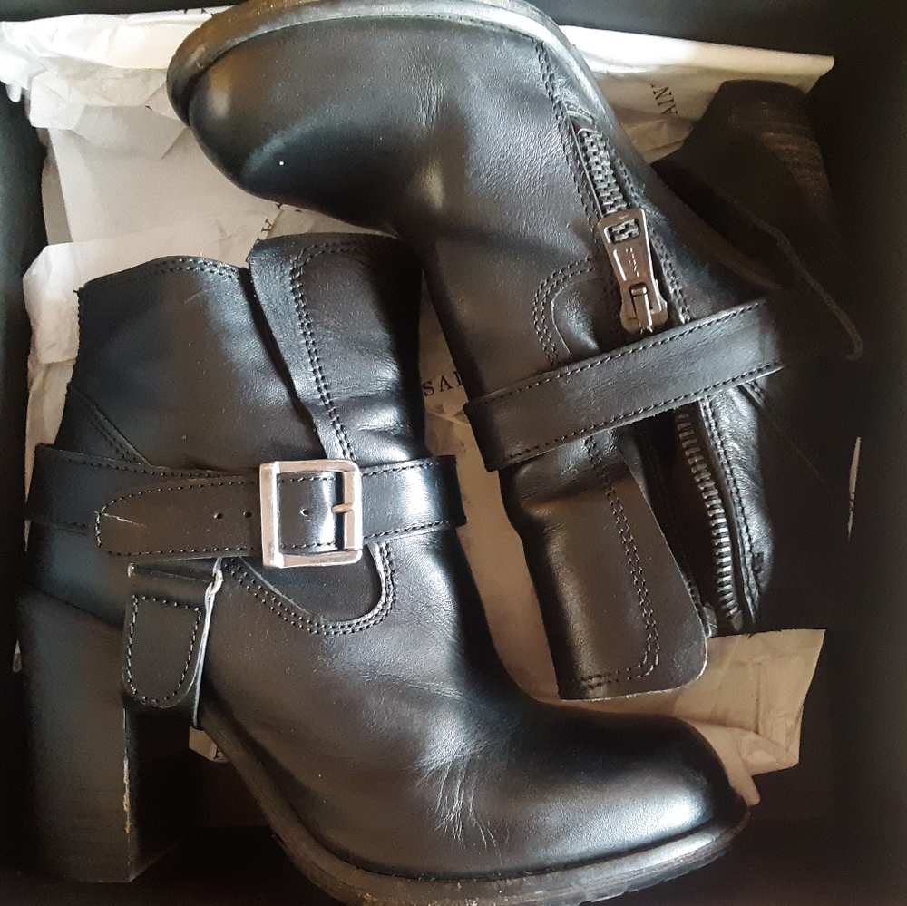 All Saints Leather Moto Heeled Bootie, Black Size 8.5